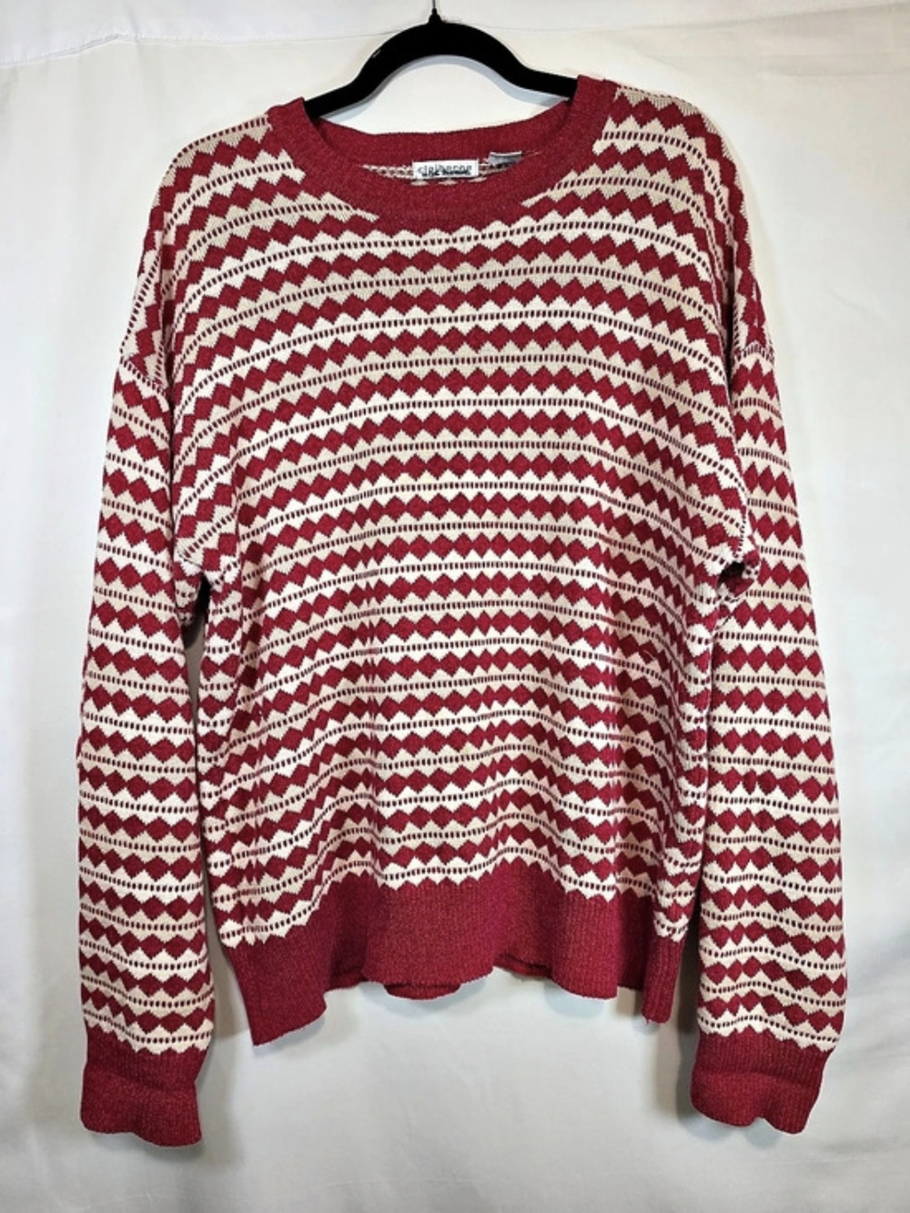 Claiborne Red & White Geometric Crewneck Sweater Cotton Silk Blend Casual